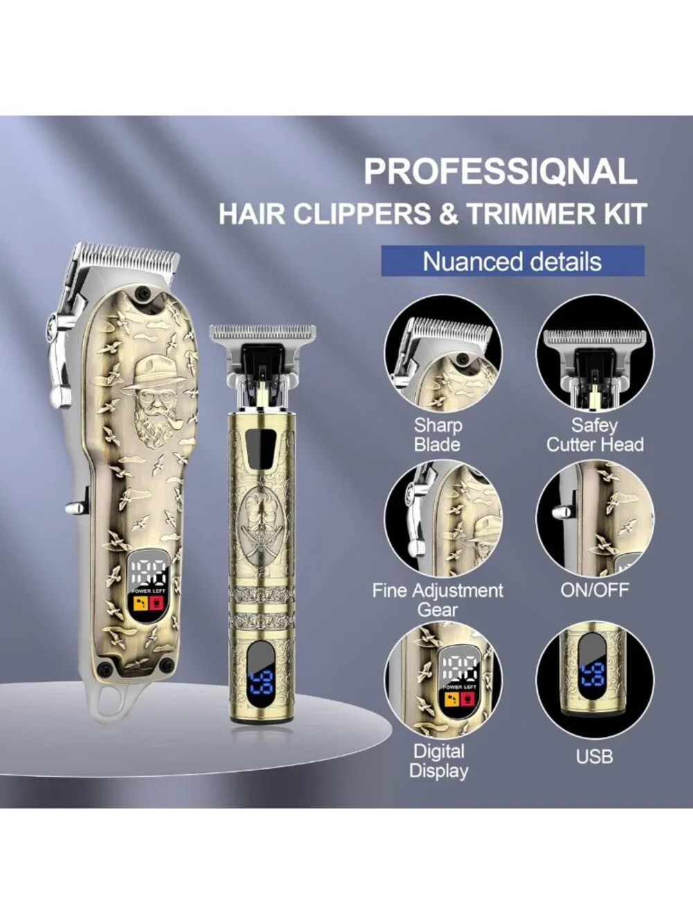 Professional Cordless Hair Clippers Set with LED Display - Men's Hair Trimmer